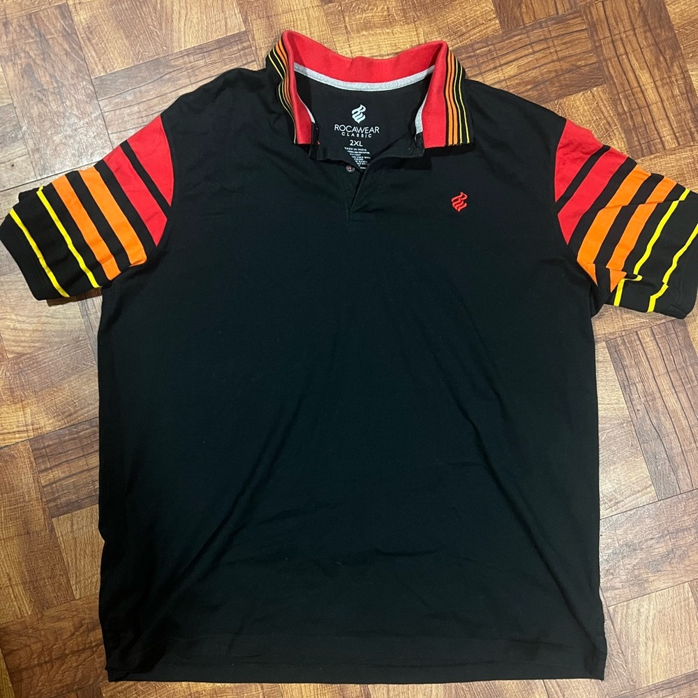 Rocawear polo short sleeved shirt Size XXL - black with red, orange & yellow